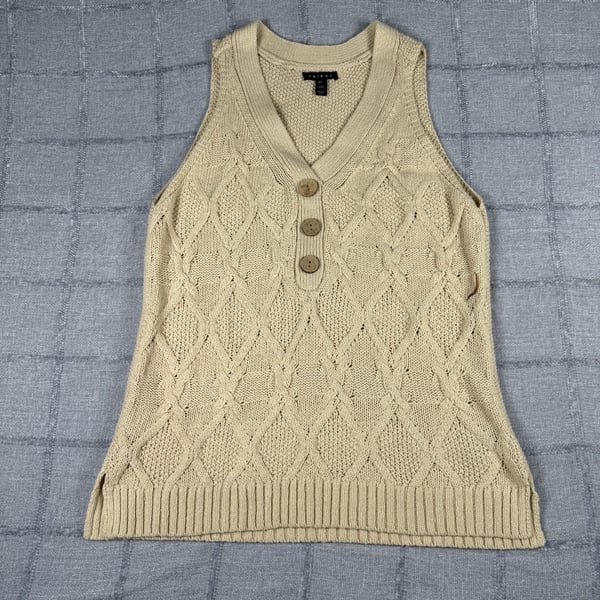 Tribal Beige Cable Knit Button Up V-Neck Tank Top Sweater Vest