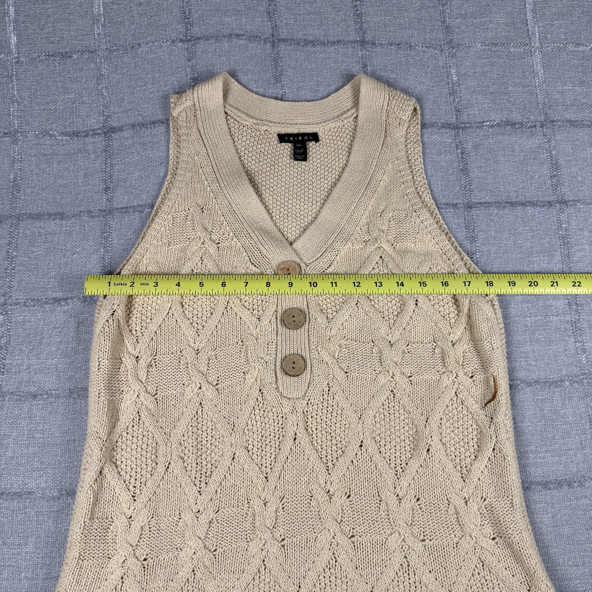 Tribal Beige Cable Knit Button Up V-Neck Tank Top Sweater Vest 5