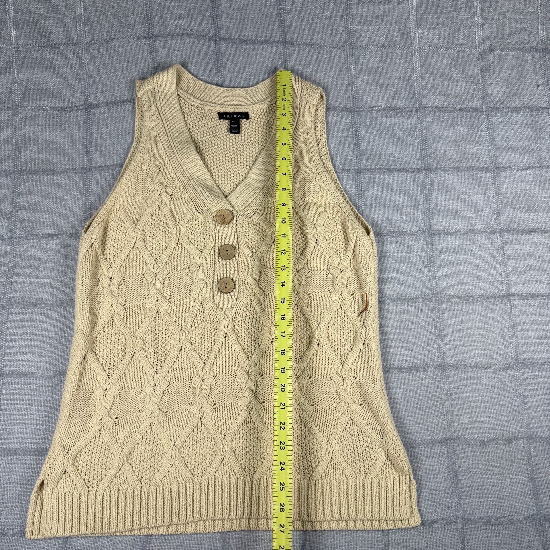 Tribal Beige Cable Knit Button Up V-Neck Tank Top Sweater Vest 6