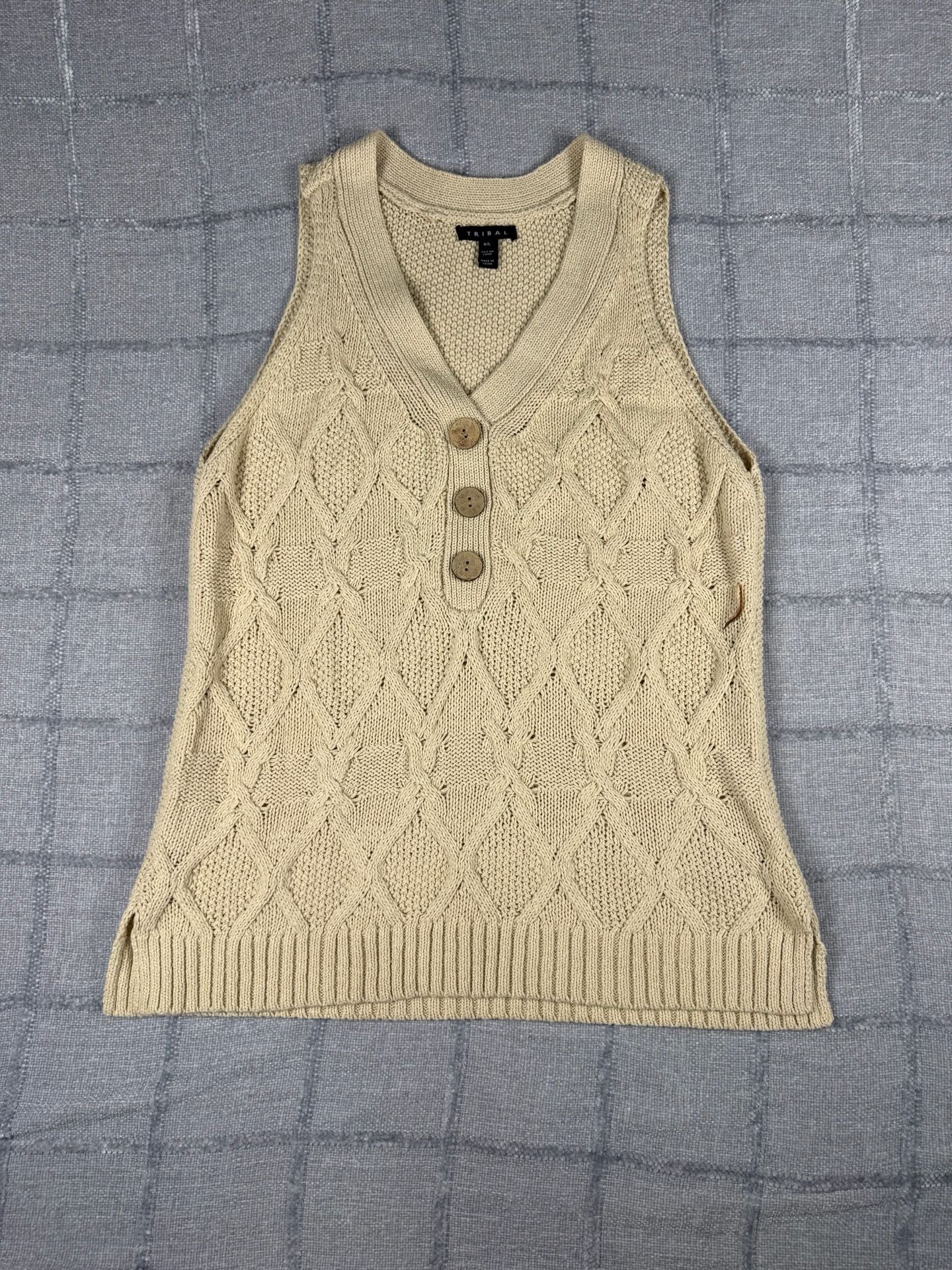 Tribal Beige Cable Knit Button Up V-Neck Tank Top Sweater Vest 7