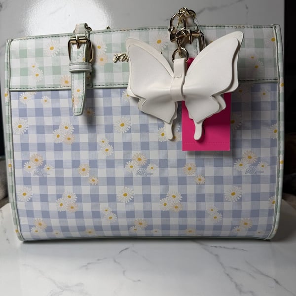 Betsey Johnson Gingham Daisy Floral Tote Bag with Butterfly Charm
