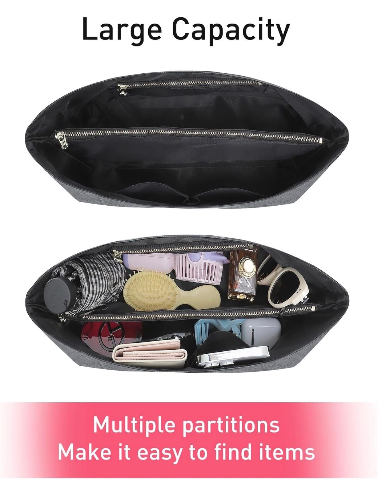 Purse Organizer Insert Tote Bag Insert with Zipper Medium Black 9