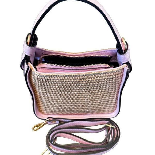 Borse In Pelle Genuine Leather Pink and Straw Shoulder Bag Made in Italy 1220