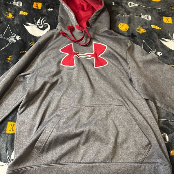 Under Armour Gray and Red Big Logo Loose Fit Hoodie Sweatshirt Size Large