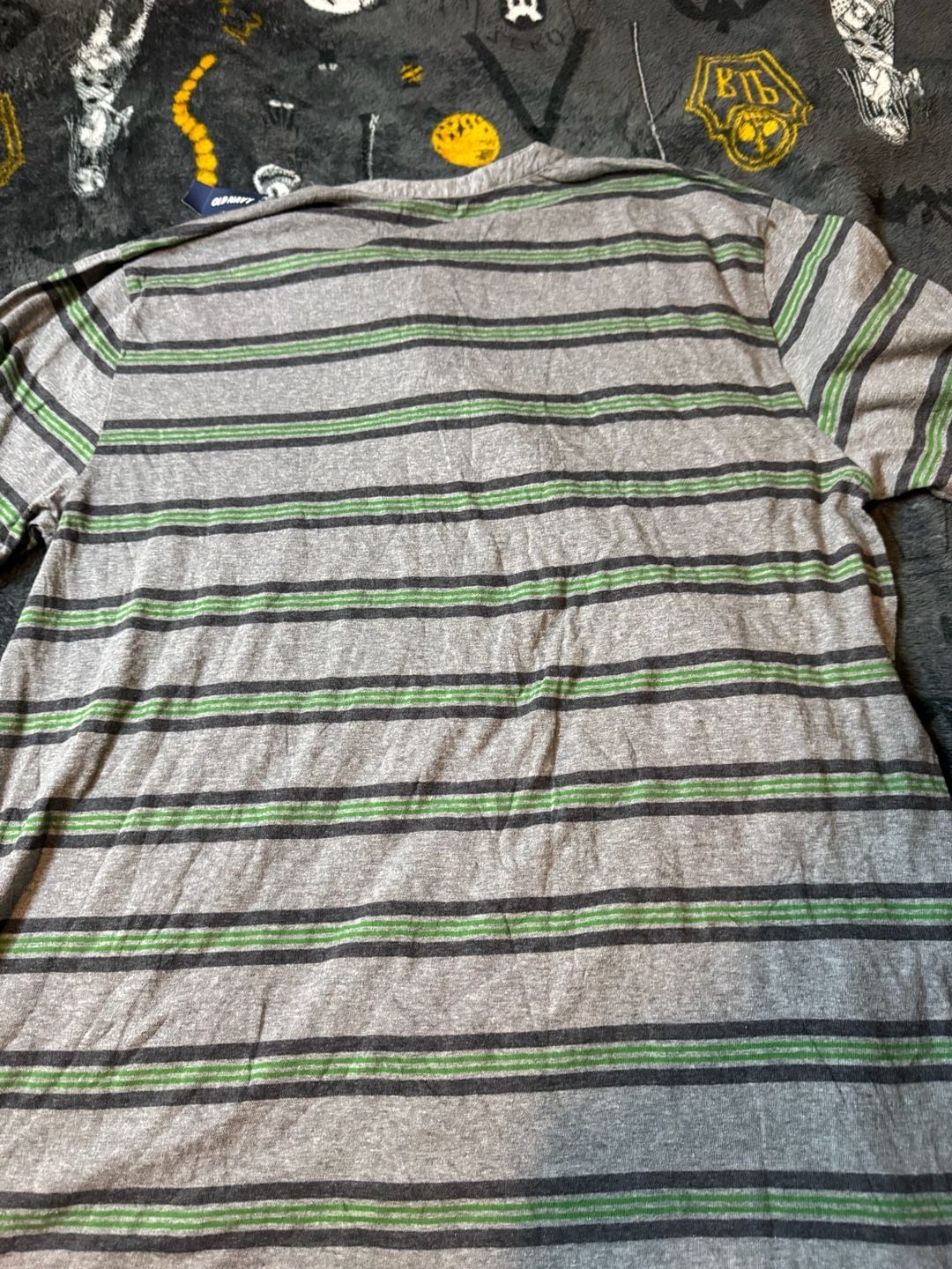 Old Navy Men's Gray and Green Striped Short-Sleeve Henley T-Shirt 3