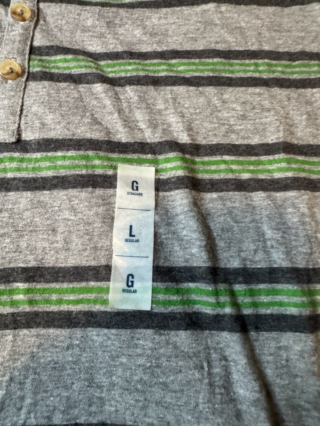 Old Navy Men's Gray and Green Striped Short-Sleeve Henley T-Shirt 4