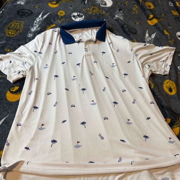 Unbranded Golf Print Short Sleeve Polo Shirt White Blue Size XL