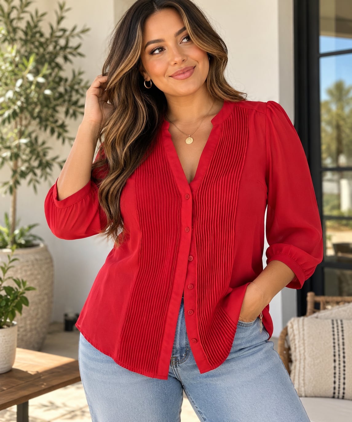 H&M Red Pleated V-Neck Button-Down Blouse 3/4 Sleeve Size US 8 2