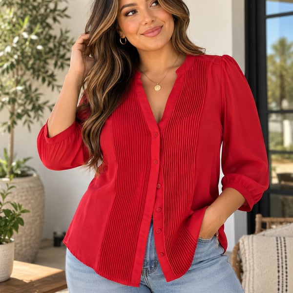 H&M Red Pleated V-Neck Button-Down Blouse 3/4 Sleeve Size US 8