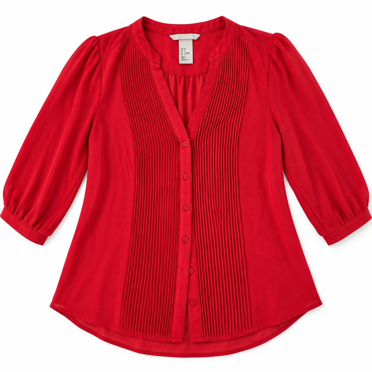 H&M Red Pleated V-Neck Button-Down Blouse 3/4 Sleeve Size US 8 3