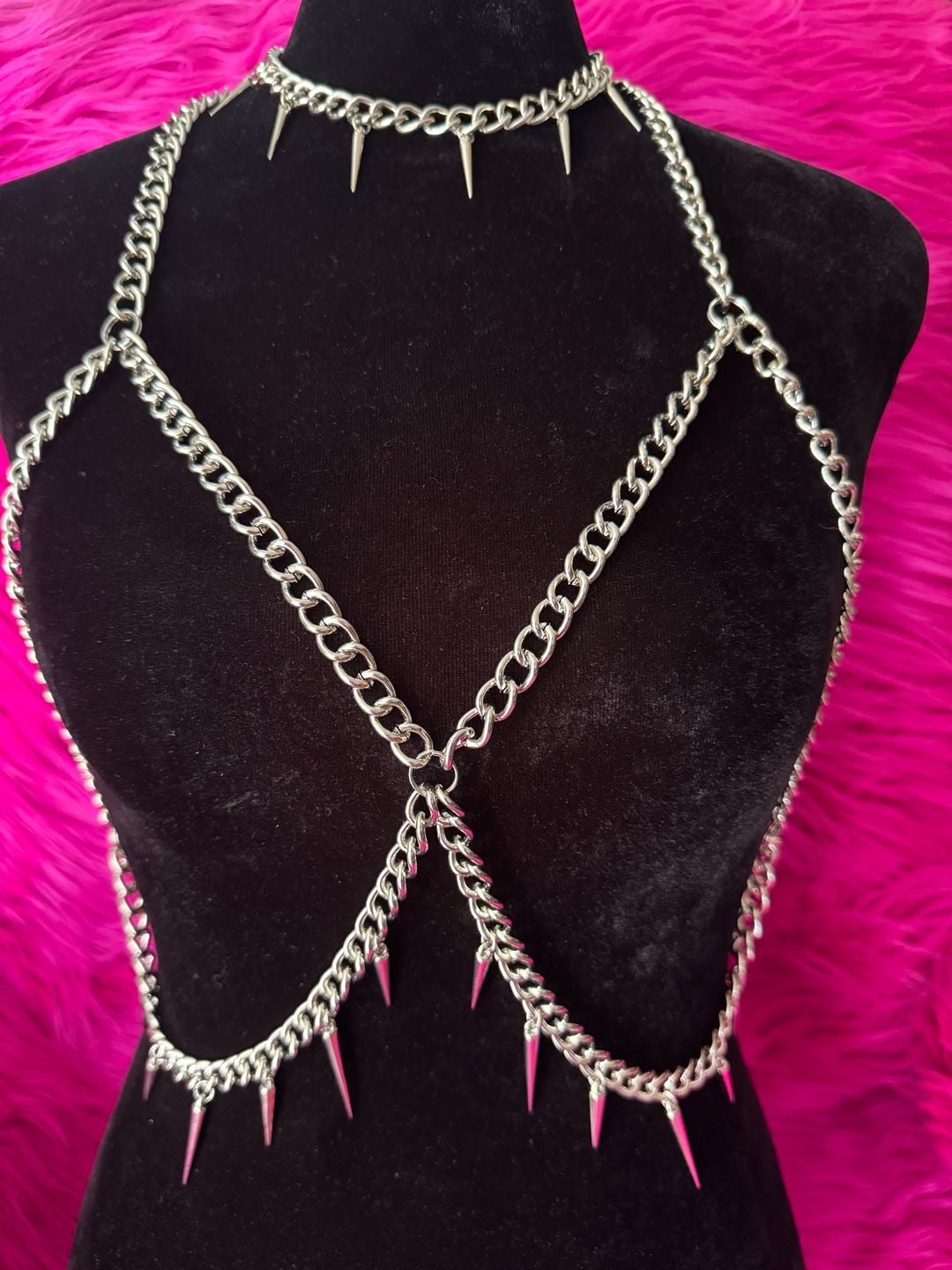 Gothic Chunky Chain and Spiked Choker Body Harness 2