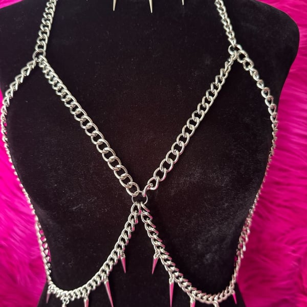 Gothic Chunky Chain and Spiked Choker Body Harness