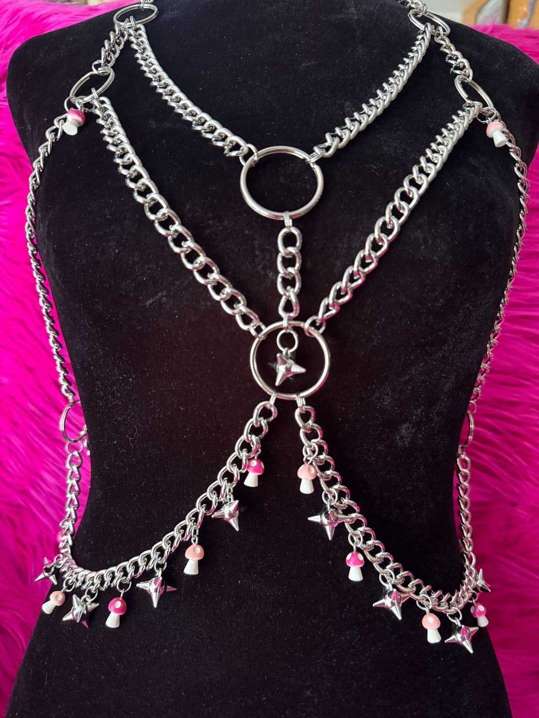 Stainless Steel Harness Body Chain with Star Spikes and Pink Mushroom Charms 2
