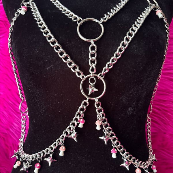 Stainless Steel Harness Body Chain with Star Spikes and Pink Mushroom Charms