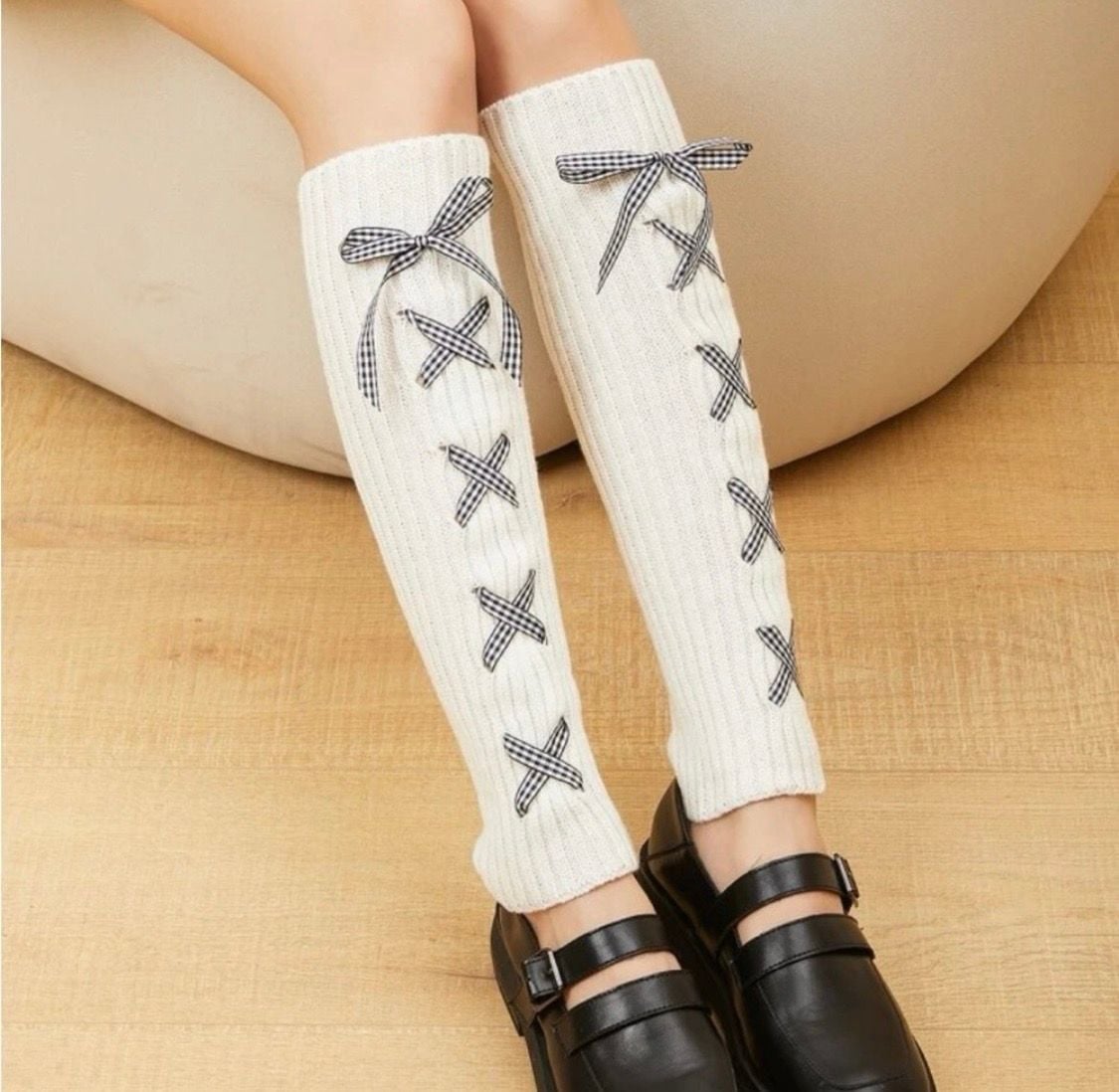 Gingham Ribbon Lace-Up Cream Cable Knit Leg Warmers 2