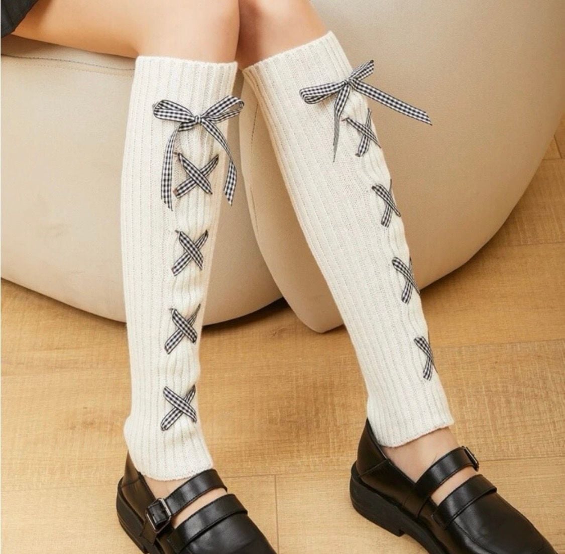 Gingham Ribbon Lace-Up Cream Cable Knit Leg Warmers 4