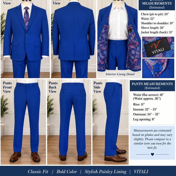 Vitali Men's Royal Blue 2-Piece Suit Jacket 42R Pants 36W Paisley Lining
