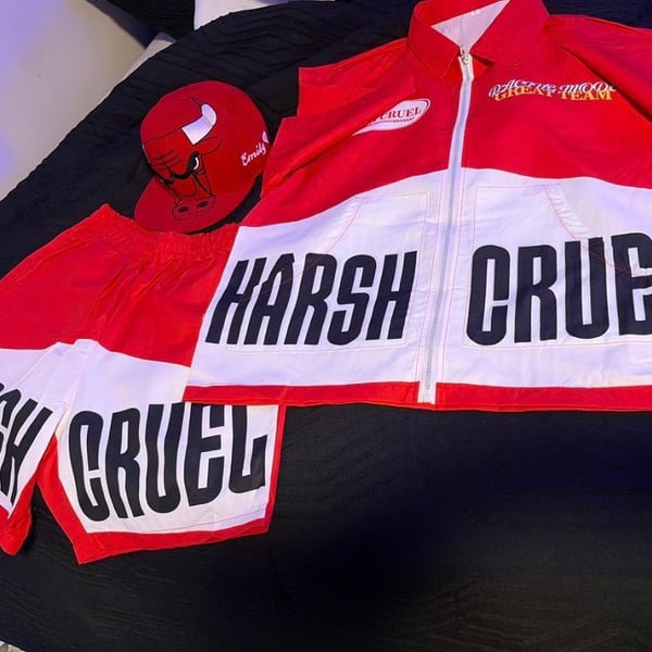 Harsh Cruel Red And White Slogan Short Sleeve Button Up Shirt And Shorts 2-Piece Set