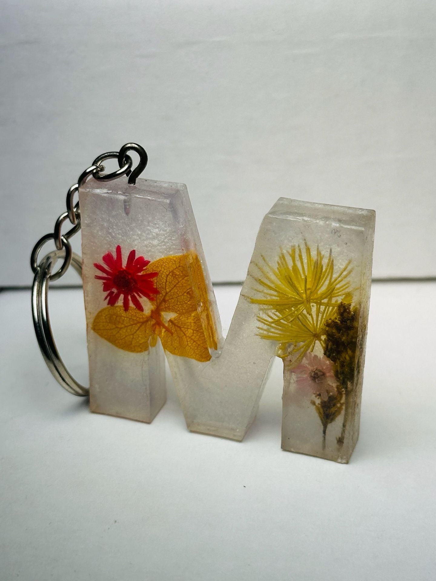 Handmade Resin Letter M Initial Keychain with Dried Flowers 1