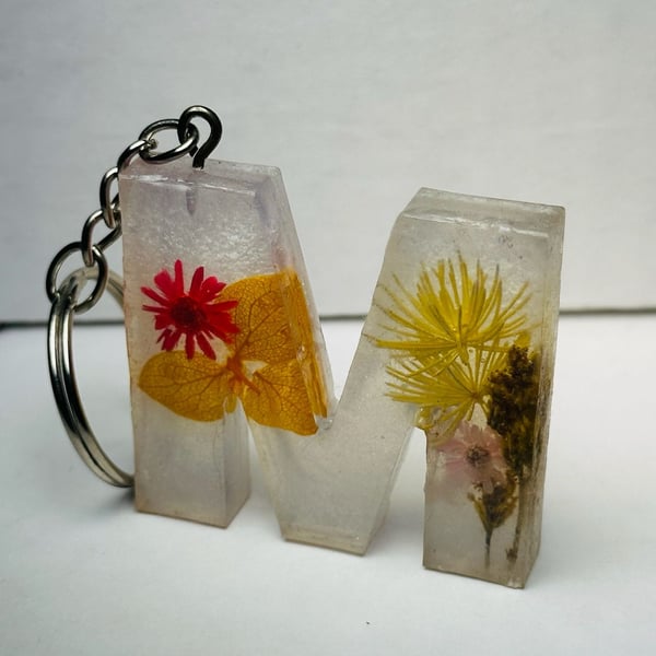 Handmade Resin Letter M Initial Keychain with Dried Flowers