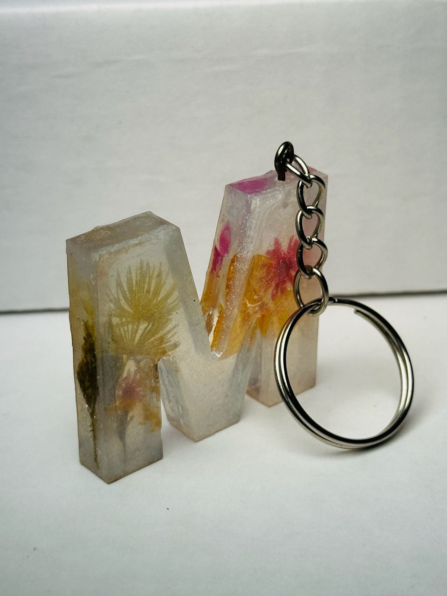 Handmade Resin Letter M Initial Keychain with Dried Flowers 2