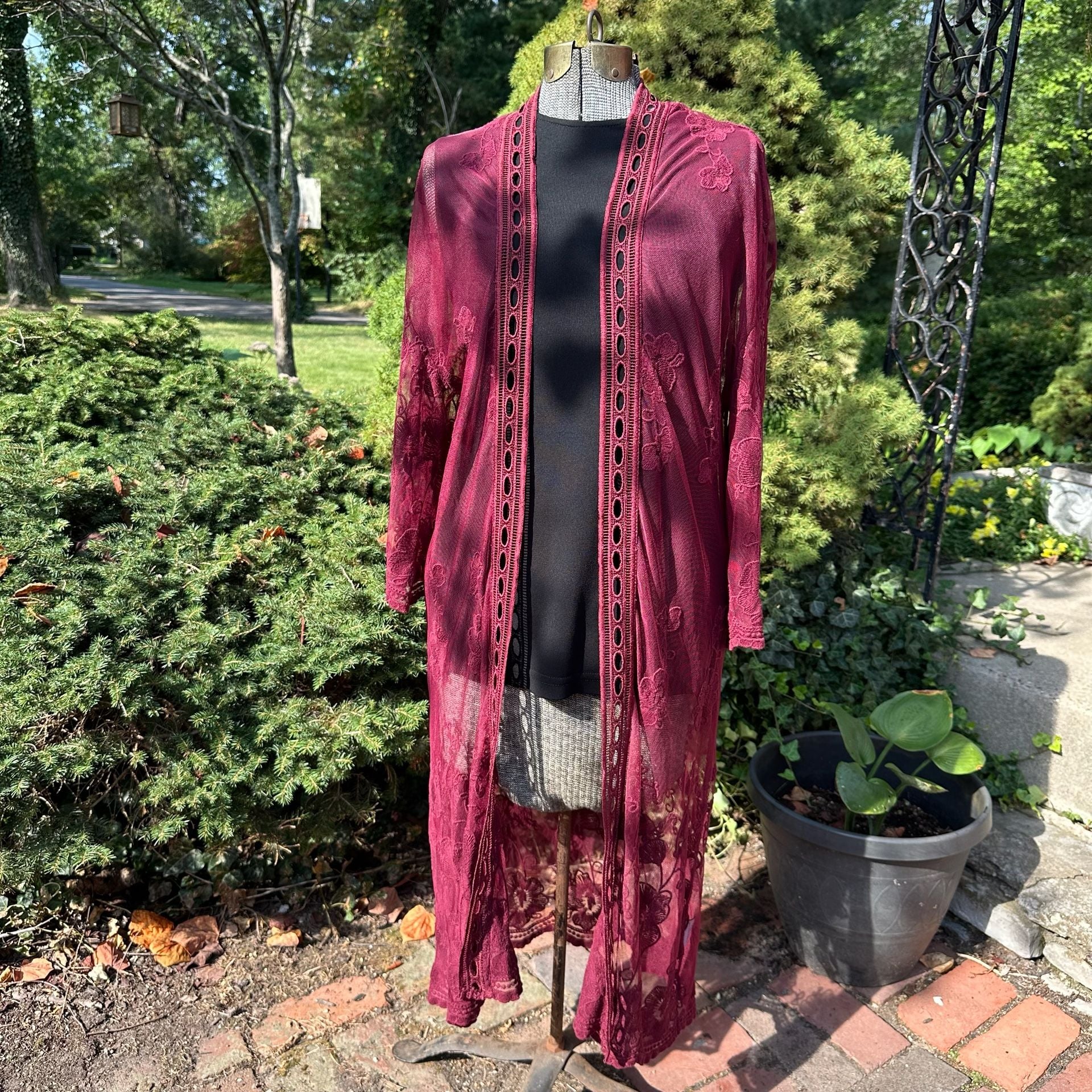 Belle Tweed Sheer Lace Kimono Duster Cardigan Burgundy Whimsygoth 2