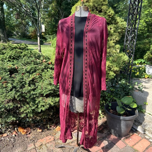 Belle Tweed Sheer Lace Kimono Duster Cardigan Burgundy Whimsygoth 