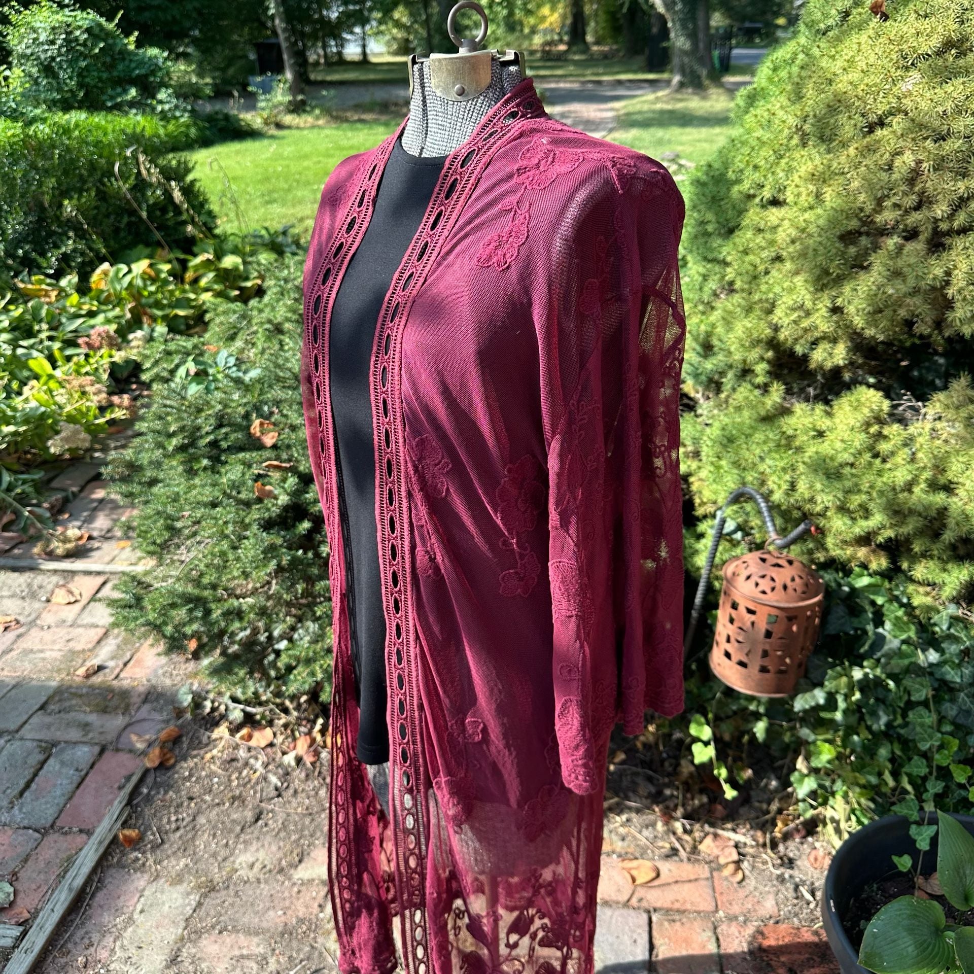 Belle Tweed Sheer Lace Kimono Duster Cardigan Burgundy Whimsygoth 4