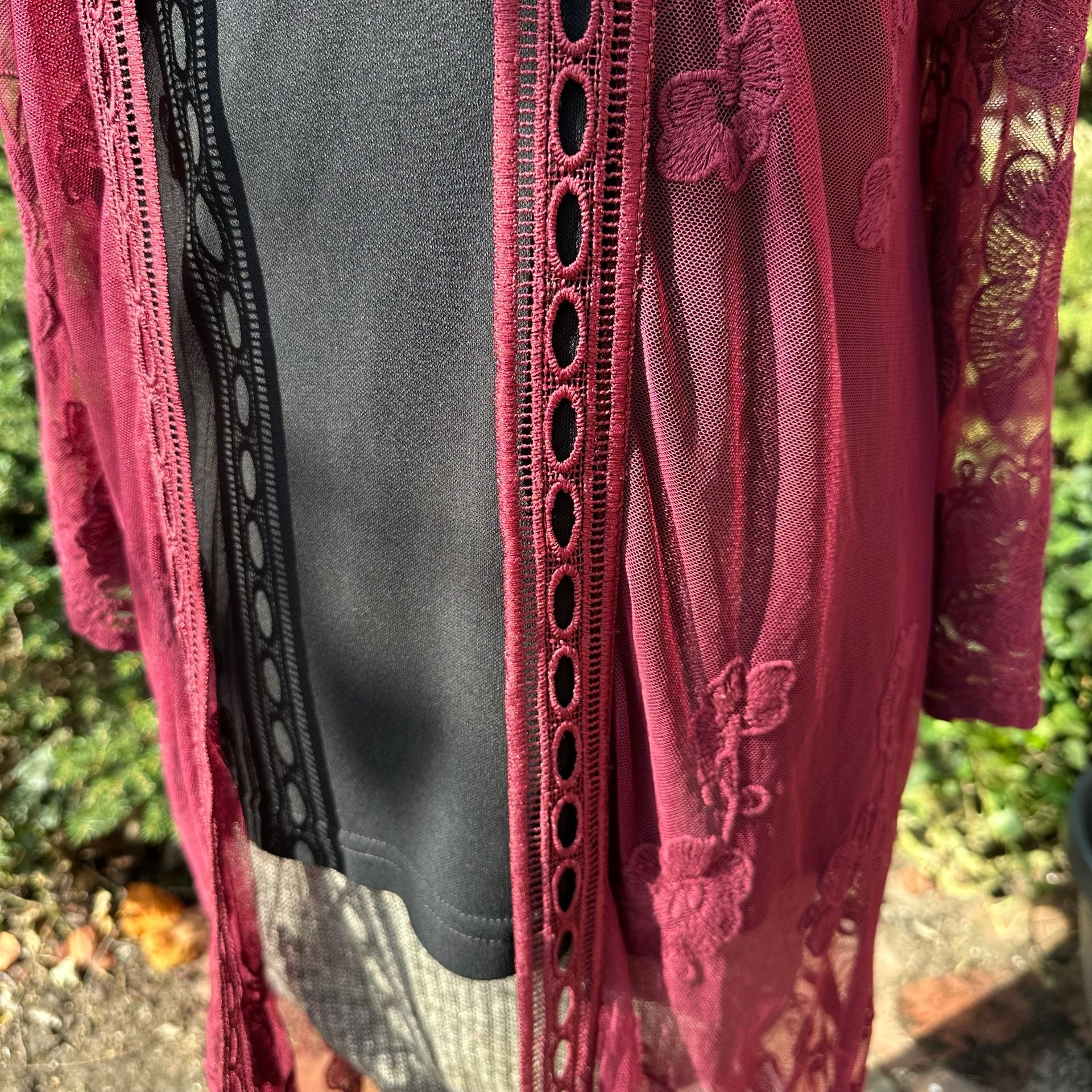 Belle Tweed Sheer Lace Kimono Duster Cardigan Burgundy Whimsygoth 14