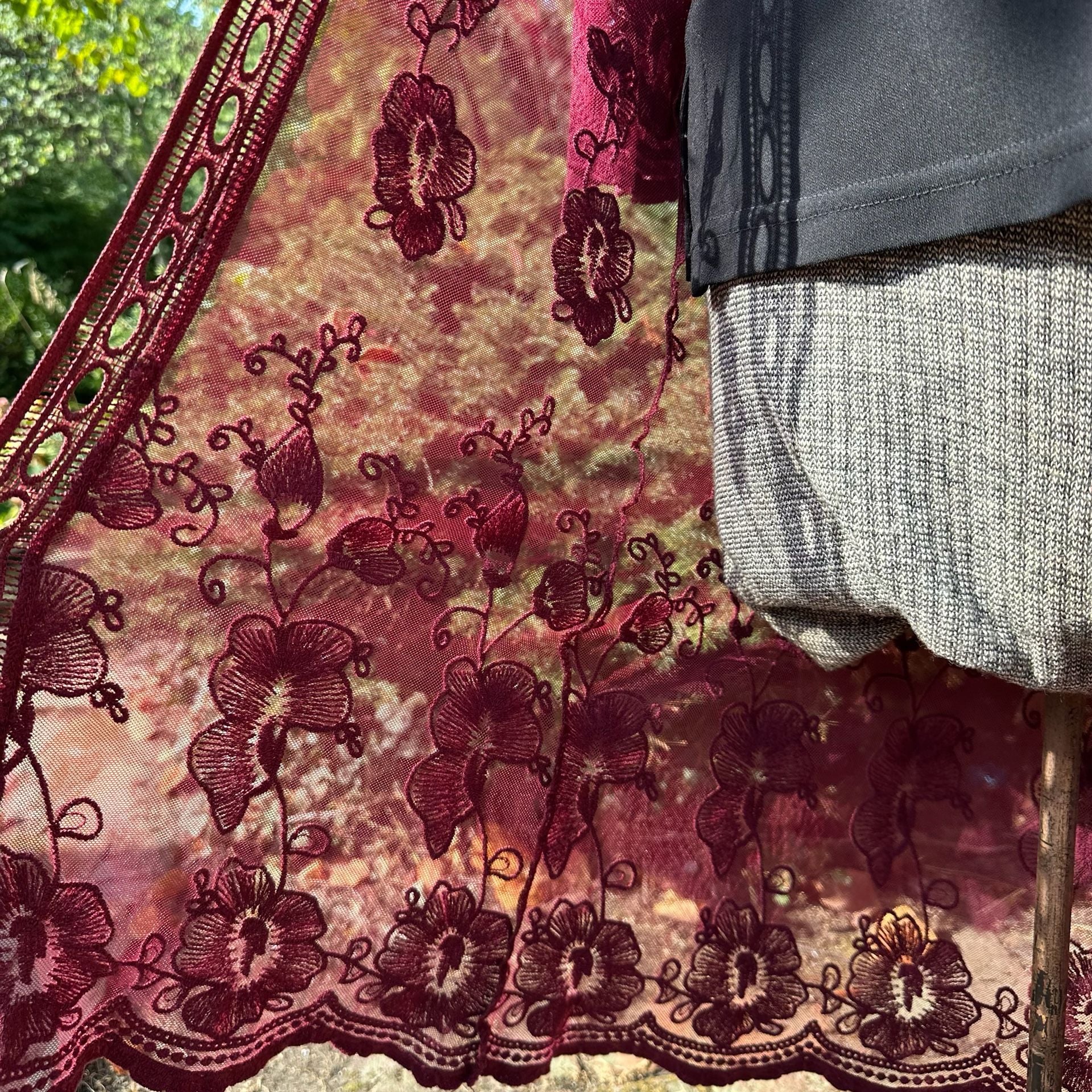 Belle Tweed Sheer Lace Kimono Duster Cardigan Burgundy Whimsygoth 15