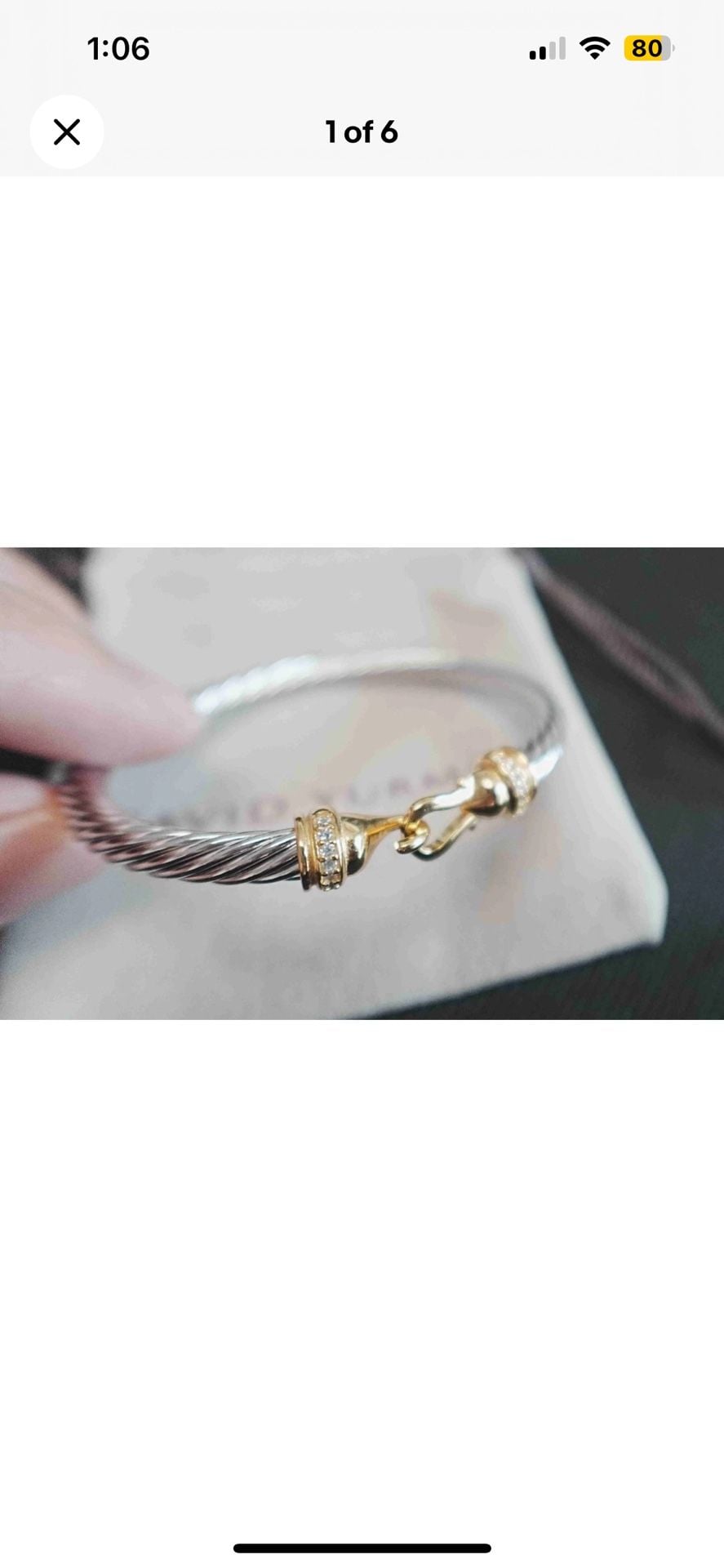 David Yurman Sterling Silver and 18K Yellow Gold Diamond Buckle Clasp Cable Bracelet 6