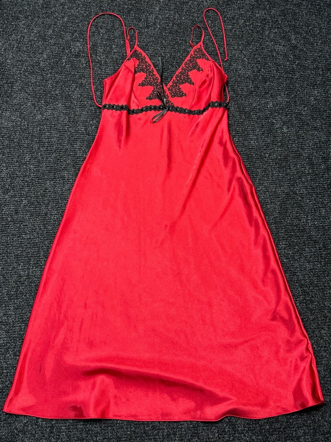 Delicates Womens Dress Size M Whimsigoth Witchy Moto Edgy Punk Emo Soft Grunge Black Lace Trim and Bow Red Satin 2