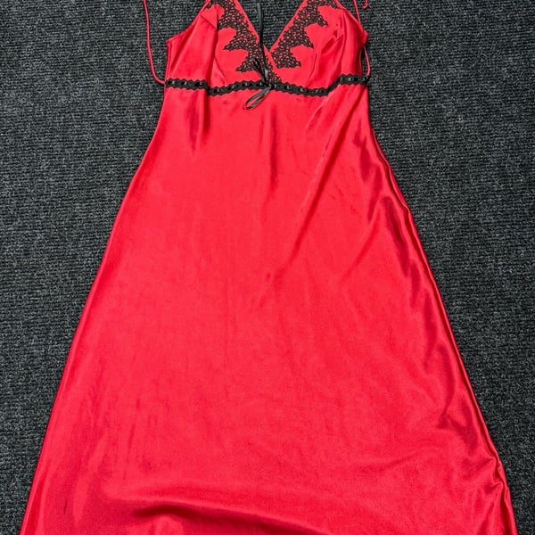 Delicates Womens Dress Size M Whimsigoth Witchy Moto Edgy Punk Emo Soft Grunge Black Lace Trim and Bow Red Satin