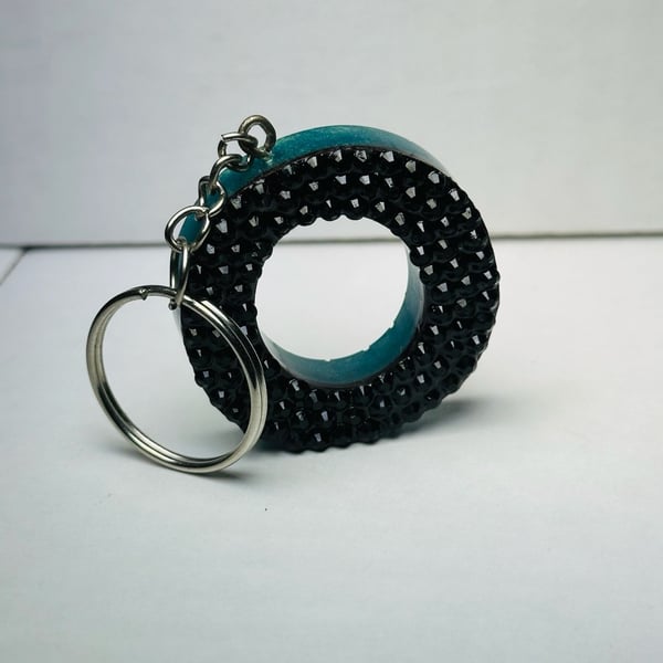 Turquoise And Black Rhinestone Resin Letter O Keychain
