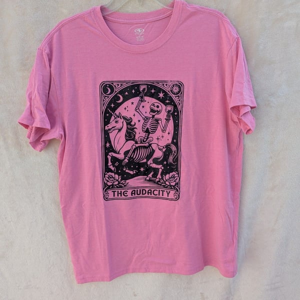 Athletic Works The Audacity Skeleton Unicorn Tarot Card Graphic Pink T-Shirt