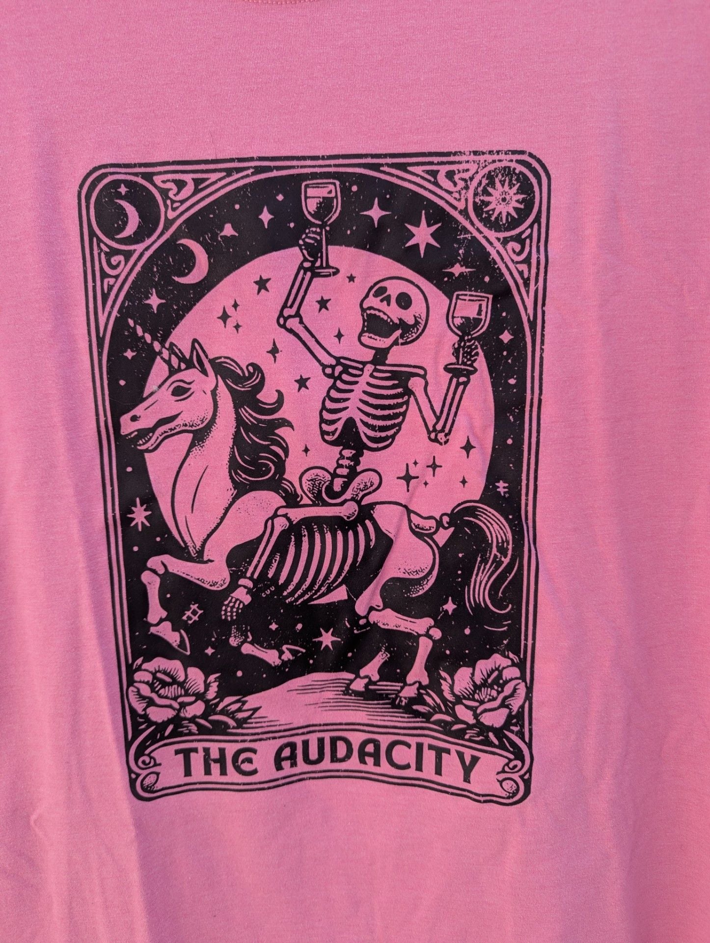 Athletic Works The Audacity Skeleton Unicorn Tarot Card Graphic Pink T-Shirt 3