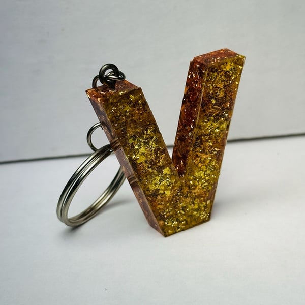 Handmade Resin Initial Letter V Keychain with Gold Flakes