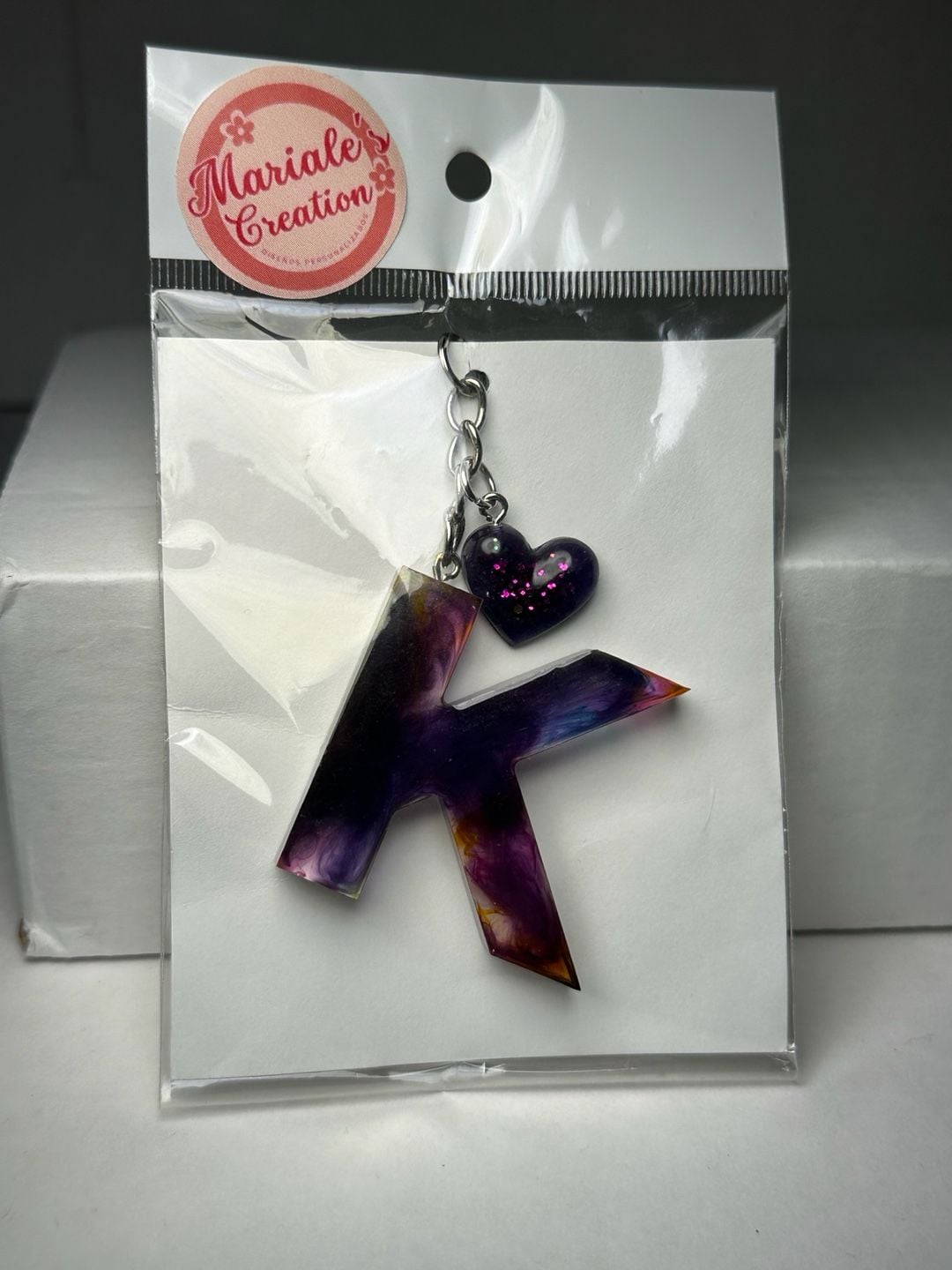 Handmade Resin Letter K Keychain with Purple Glitter Heart Charm 1