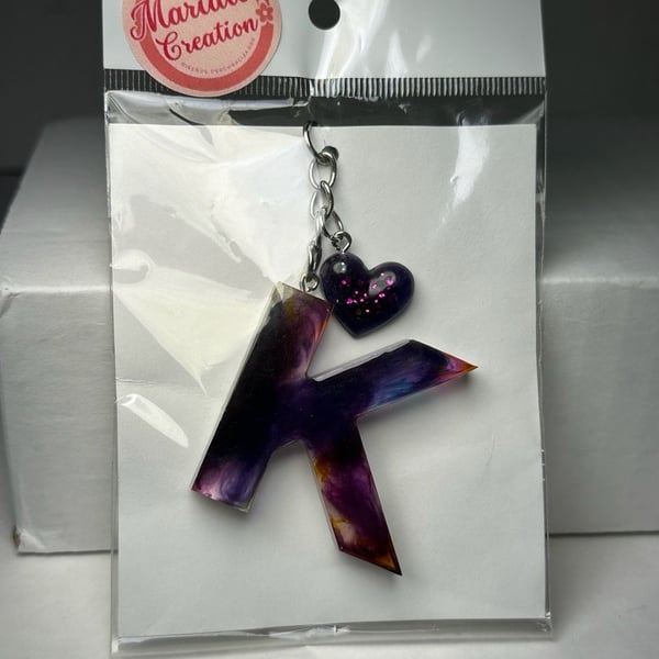  Handmade Resin Letter K Keychain with Purple Glitter Heart Charm