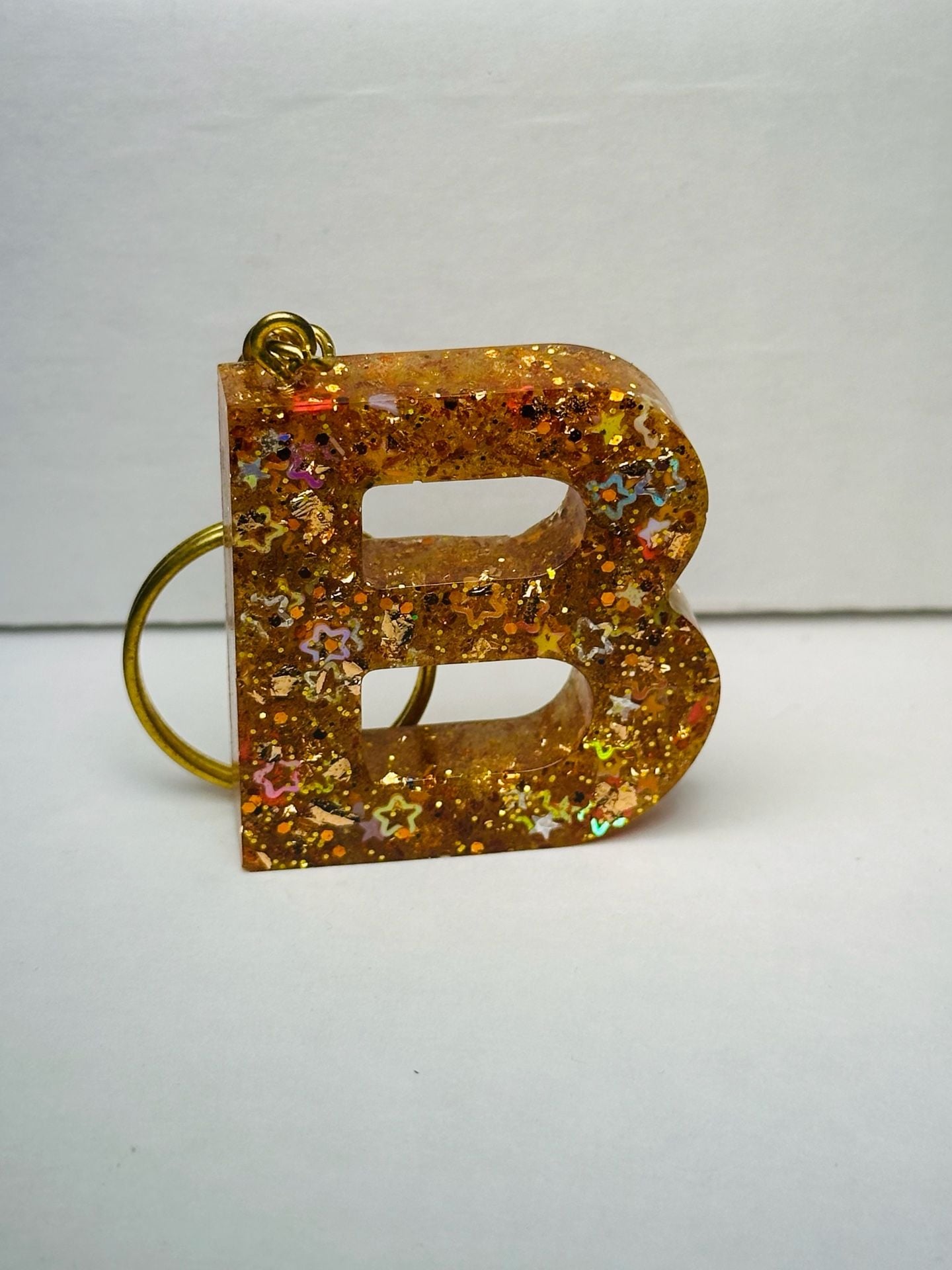 Handmade Resin Initial Letter B Keychain with Gold Flakes and Glitter 2