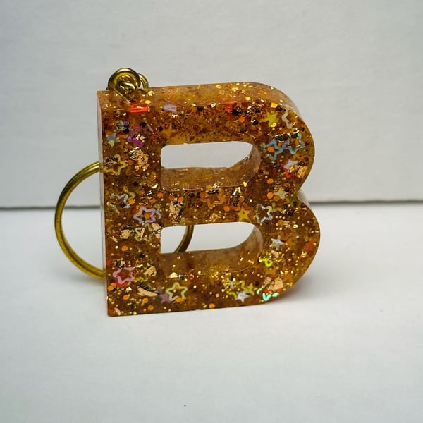 Handmade Resin Initial Letter B Keychain with Gold Flakes and Glitter