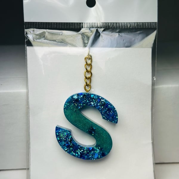 Letter S Keychain, Glitter Resin Initial Key Ring, Blue Green