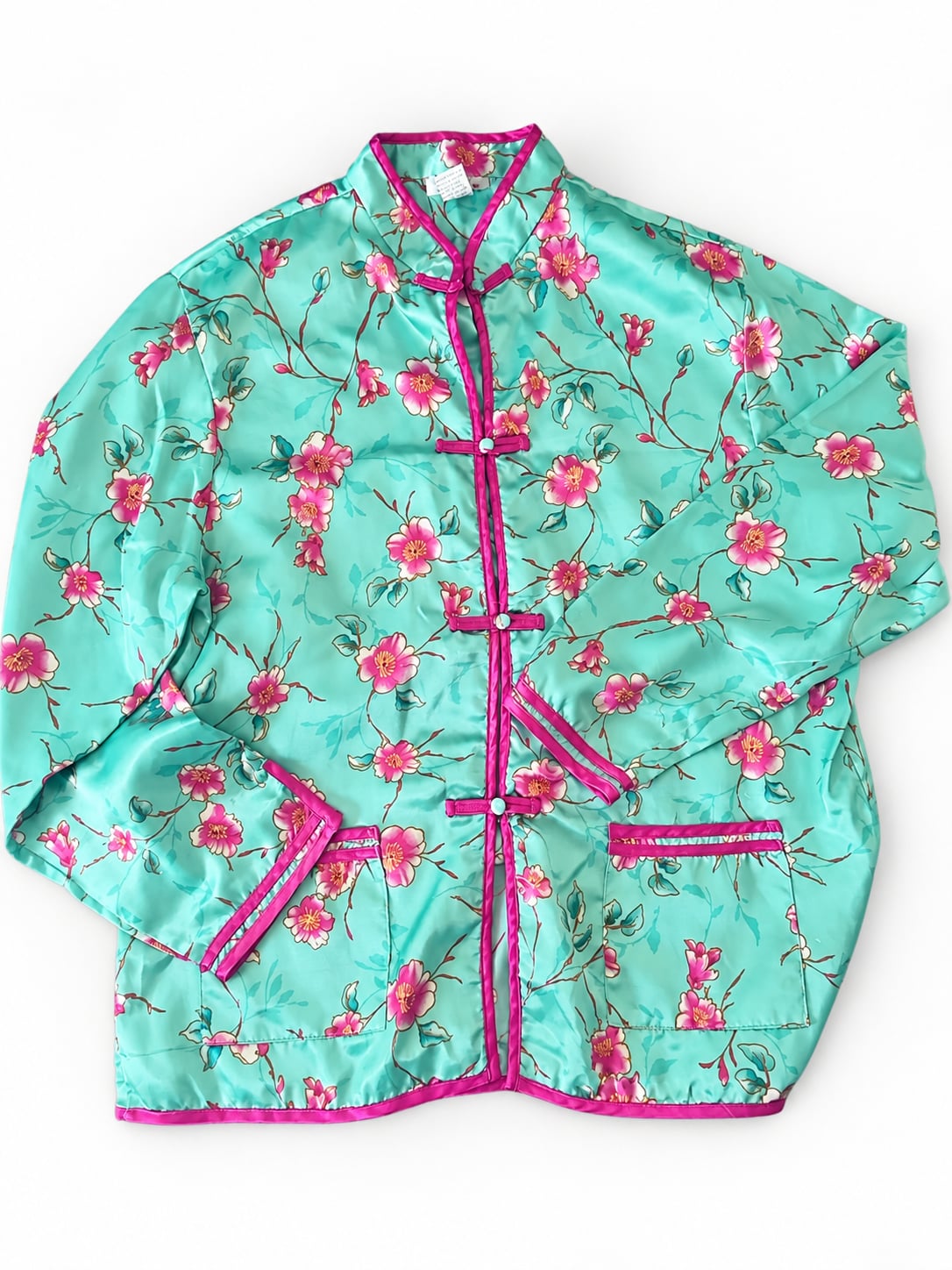 Kathryn Y2K Teal Pink Cherry Blossom Satin Pajama Set Size L 1