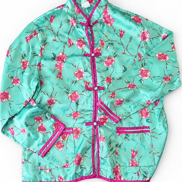 Kathryn Y2K Teal Pink Cherry Blossom Satin Pajama Set Size L