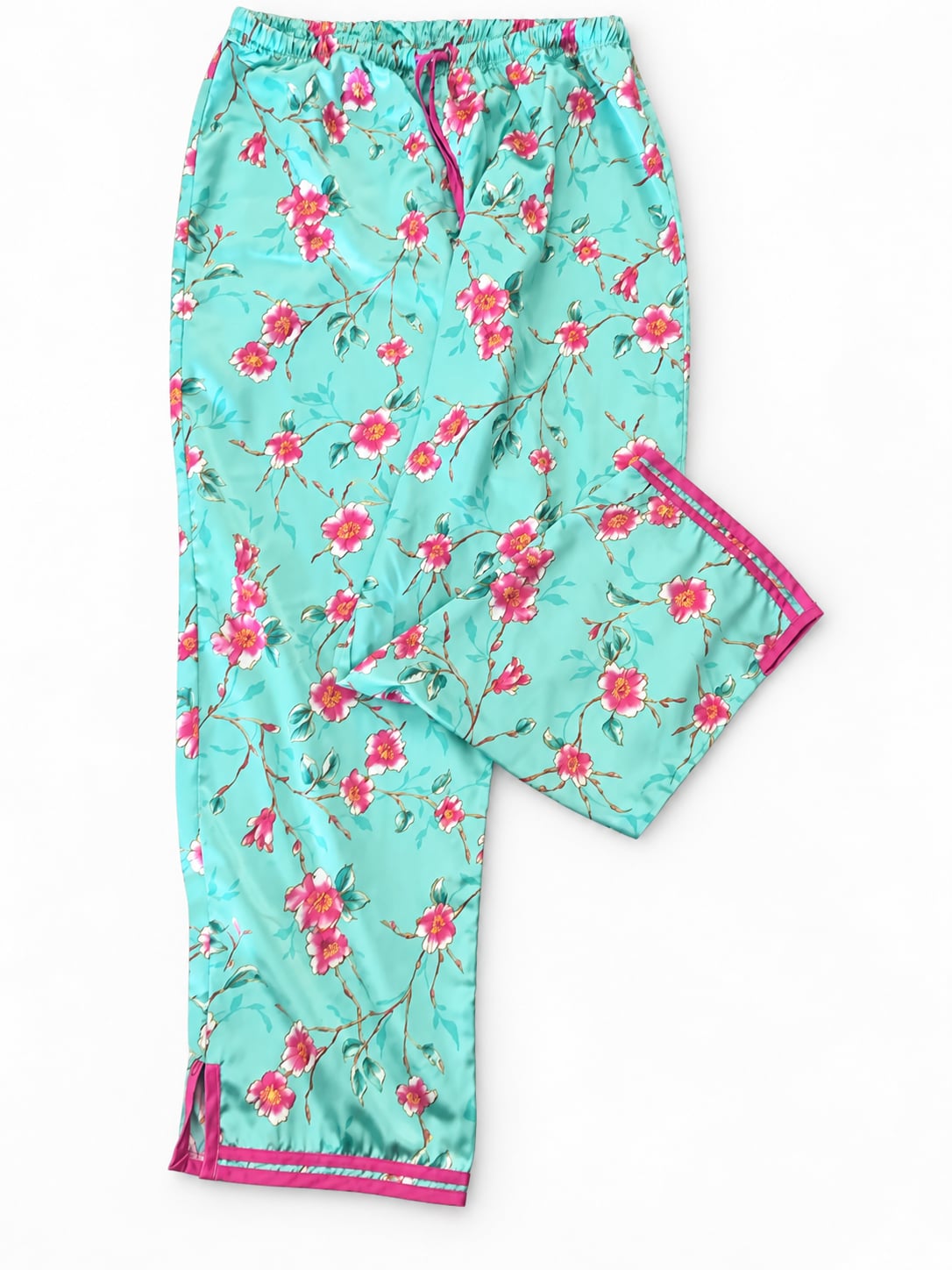 Kathryn Y2K Teal Pink Cherry Blossom Satin Pajama Set Size L 2