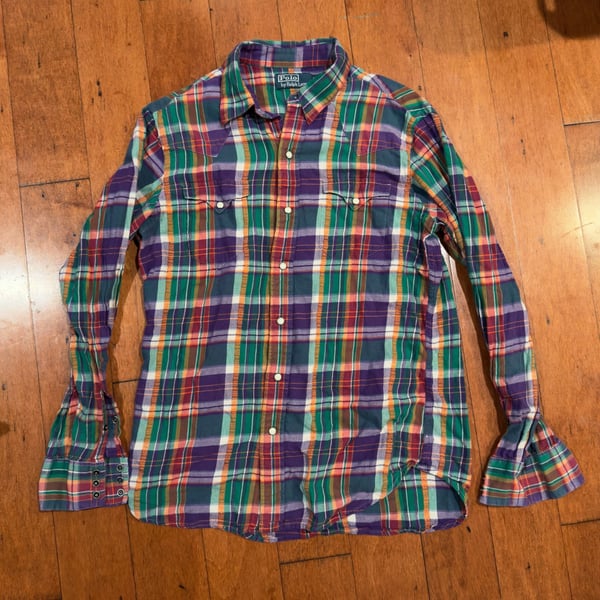 Vintage Polo by Ralph Lauren Plaid Western Snap Long Sleeve Shirt Purple Green Medium