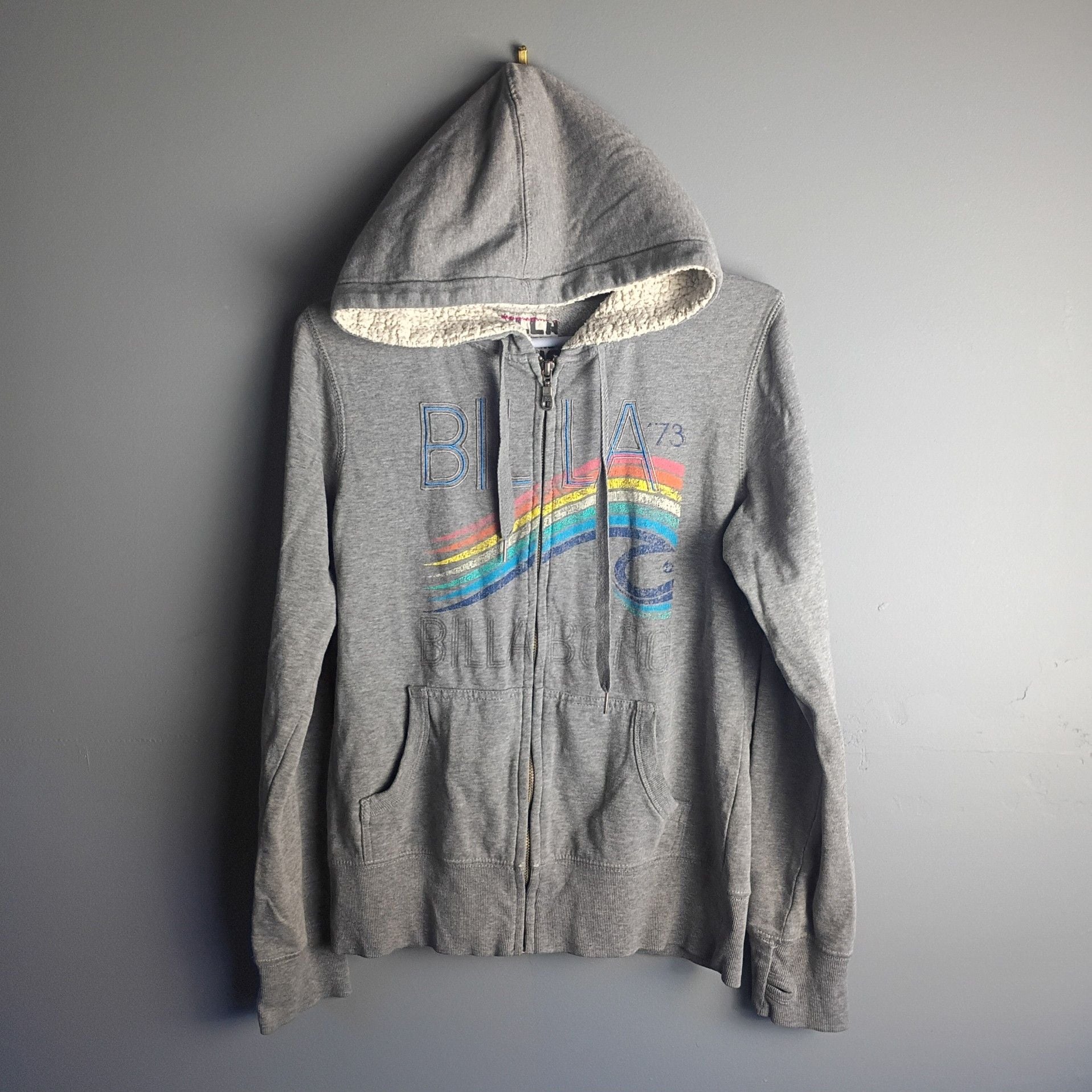 Billabong Gray Sherpa Lined Full Zip Hoodie with Rainbow Wave Graphic 2