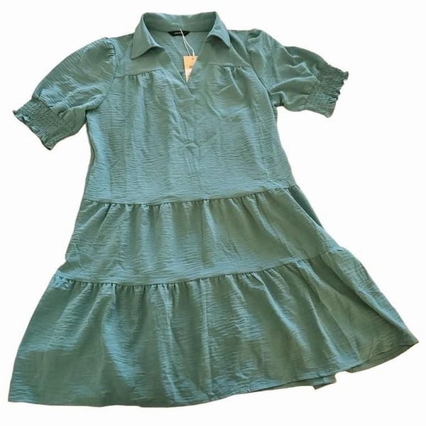 Women’s Short Sleeve V-Neck Tiered Ruffle Mini Dress Teal Green Dokotoo #182