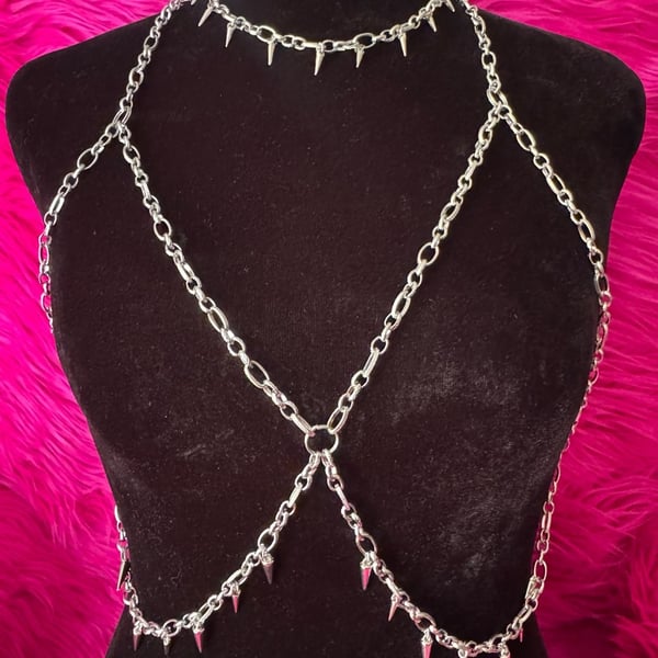 Gothic Silver Spiked Metal Body Chain Harness