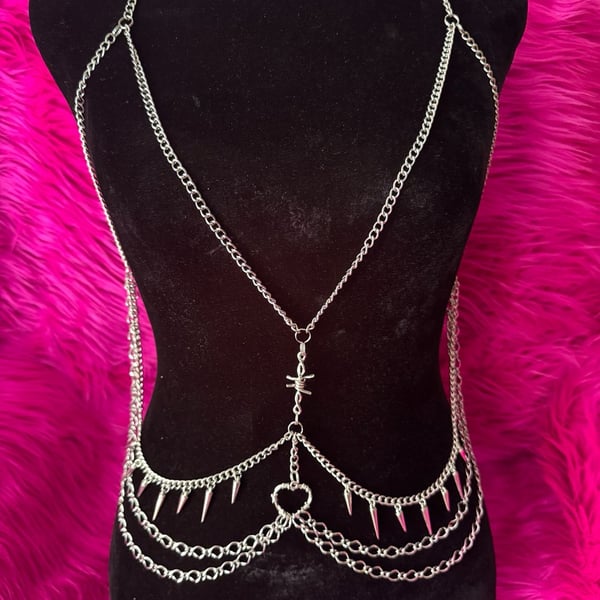 Heartbreaker Rave Body Chain with Spikes and Barbed Wire